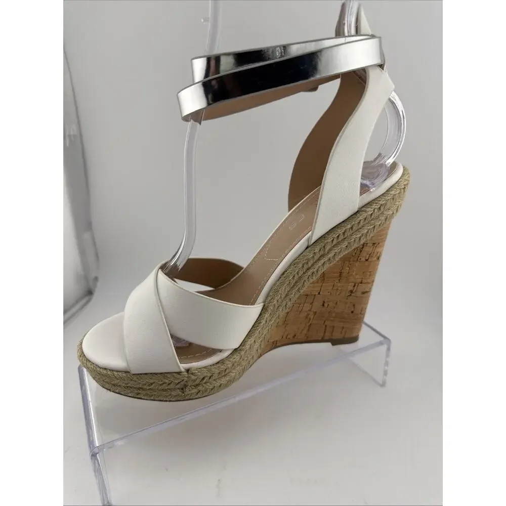 CHARLES by CHARLES DAVID White Brit Platform Wedge Leather Sandal Size 5.5 M NWB